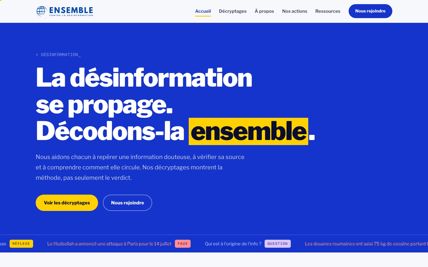 Page d'accueil du site Ensemble contre la désinformation